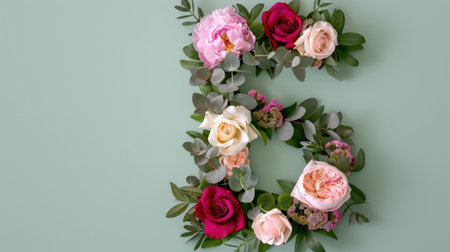 A stunning floral arrangement shaped like the number five, featuring an array of pink and red roses surrounded by lush greenery on a soft green backdrop.の素材