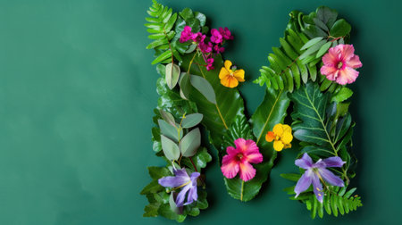 Discover a vibrant floral representation of the letter M crafted from fresh leaves and colorful flowers, set against a dark green backdrop.の素材