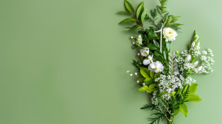 This stunning floral arrangement showcases delicate white flowers and lush green leaves on a soft green background, perfect for nature-inspired designs.の素材