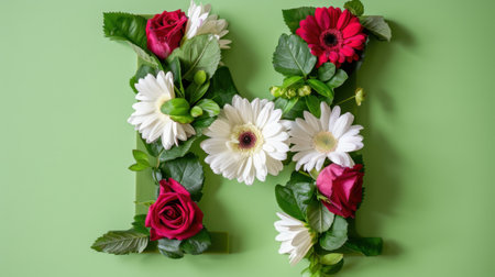 This vibrant floral composition showcases the letter M adorned with fresh flowers and greenery, perfect for decor or personalized gifts.の素材
