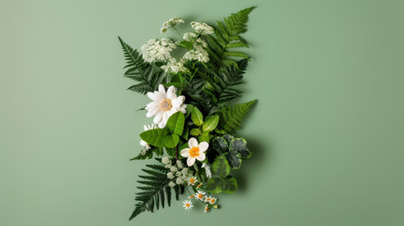 This image showcases a beautiful arrangement of various greenery and flowers, perfect for projects needing a touch of nature. The soft green background highlights the arrangement's freshness and vibrancy.の素材