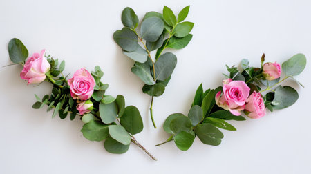 A stunning floral arrangement featuring delicate pink roses intertwined with lush eucalyptus leaves, perfect for enhancing any decor or event.の素材