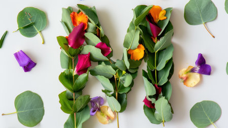 This vibrant image features a creative arrangement of leaves and colorful petals forming the letter M on a white background, perfect for artistic projects.の素材