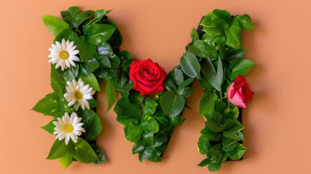 Artistic representation of the letter M, crafted with lush green leaves and various flowers, set against a warm, inviting background. Perfect for spring-themed designs.の素材