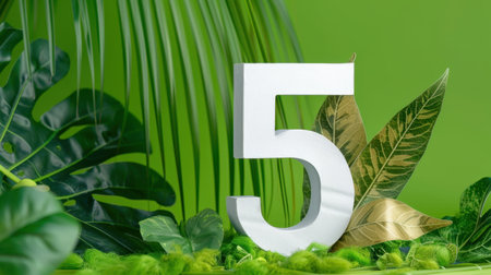 The photo showcases a large white number five set against a vibrant green background, surrounded by various tropical leaves and plants, symbolizing growth and freshness.の素材