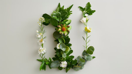 This artistic arrangement features an intricate design of fresh leaves and delicate flowers, forming the shape of a letter. Perfect for eco-friendly themes.の素材