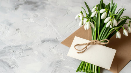A charming arrangement of delicate snowdrop flowers paired with a blank card, perfect for spring celebrations, greetings, or floral decorations on a textured background.の素材