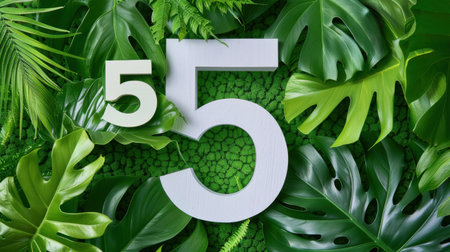 A striking image featuring a large number 5 set against a bright green background of tropical leaves, creating a fresh and vibrant aesthetic perfect for nature-themed designs.の素材