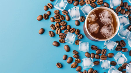A vibrant and refreshing scene featuring a cup of iced coffee filled with ice cubes, surrounded by roasted coffee beans on a bright blue background. Ideal for summer beverage promotions.の素材
