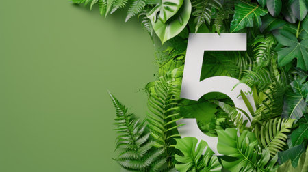 A captivating composition featuring the number five surrounded by lush greenery and vibrant leaves, perfect for ecological themes, design projects, and natural aesthetics.の素材