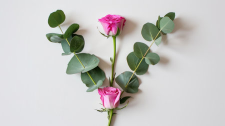 A stunning arrangement featuring fresh pink roses accompanied by delicate eucalyptus leaves, perfect for adding a touch of elegance and beauty to any setting.の素材