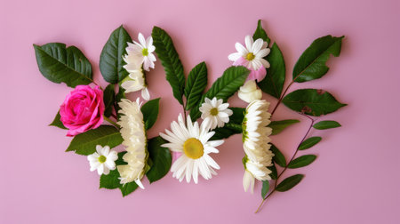 A vibrant arrangement of various flowers and leaves set against a soft pink background, perfect for spring and summer themes. Ideal for creative projects.の素材