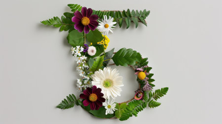 A stunning floral arrangement shaped as the number five, featuring vibrant blooms and lush greenery, perfect for creative and artistic projects.の素材