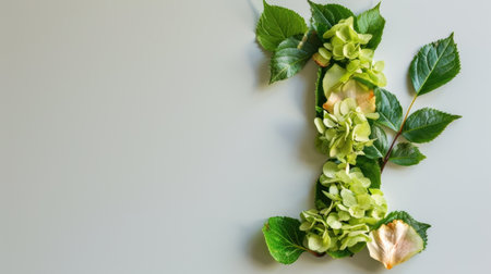 This image showcases a creative arrangement of leaves and petals, forming the letter I on a soft light background, embodying beauty and nature's elegance.の素材