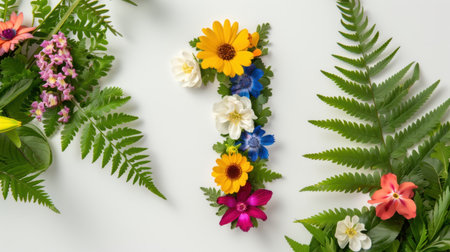 A creative floral arrangement showcasing a vibrant number one made of assorted flowers and lush ferns against a clean white background. Perfect for celebrations.の素材