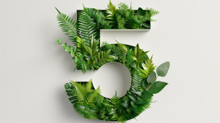This artistic image features the number five elegantly crafted from lush green plants, creating a striking visual perfect for nature-themed decor or projects.の素材