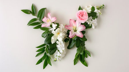 This image features a stunning floral arrangement with pink roses and lilies combined with fresh green leaves, creating an elegant and vibrant design perfect for interior decoration.の素材