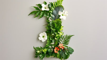 This artistic representation of the number one is created with a variety of fresh greenery and white flowers, perfect for nature-inspired designs.の素材