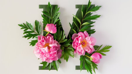 A stunning display of pink peonies and green leaves artistically arranged to form the letter M, ideal for creating a fresh and vibrant atmosphere.の素材