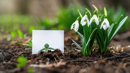Delicate snowdrop flowers bloom alongside a newly sprouted seedling, showcasing the beauty of spring growth and renewal in a natural outdoor setting.の素材