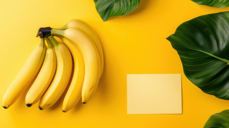 This image showcases a vibrant arrangement of fresh bananas alongside tropical leaves on a bright yellow background, perfect for food-related projects.の素材