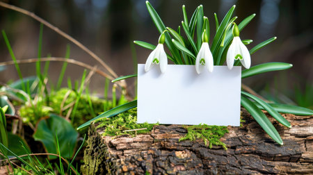 A serene image showcasing delicate snowdrop flowers next to a blank card placed on a textured tree stump, surrounded by lush greenery and soft light.の素材