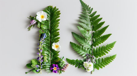A beautiful display of green leaves and colorful flowers meticulously arranged to create an artistic composition on a light background, perfect for nature-themed projects.の素材