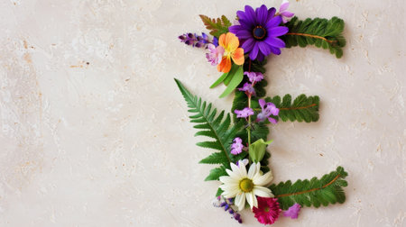 A beautiful floral arrangement representing the letter E, crafted with vibrant flowers and lush greenery against a textured background, symbolizing nature's beauty.の素材