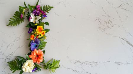 A beautiful arrangement of fresh flowers and green leaves creatively shaped as the number one on a sleek marble background, perfect for celebrations.の素材