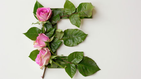 This artistic arrangement features delicate pink roses intertwined with lush green leaves, forming the letter E on a soft background, perfect for personal or decorative use.の素材