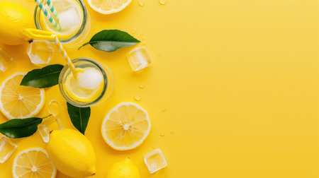 A vibrant scene depicts refreshing lemonade made from fresh lemons, surrounded by slices, ice cubes, and green leaves against a bright yellow backdrop. Perfect for summery vibes.の素材