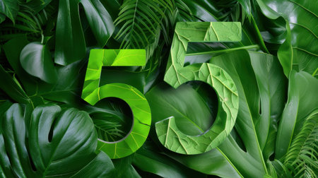 The image features the number 55 styled with vibrant green textures, set against a backdrop of lush tropical leaves, perfect for nature-related themes.の素材