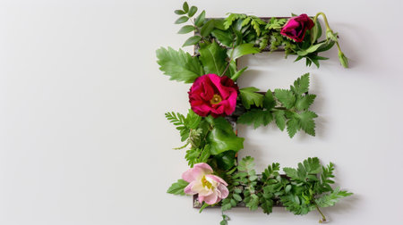 A detailed floral letter E created from vibrant flowers and lush greenery, ideal for nature-themed designs, invitations, and art projects.の素材