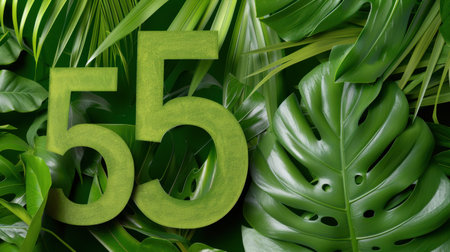 A captivating arrangement of lush green tropical leaves with the number fifty-five, ideal for themes related to nature, eco-friendliness, and vibrant environmental design.の素材