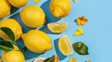 This vibrant image features fresh yellow lemons alongside slices and decorative flowers on a bright blue background, ideal for culinary and lifestyle themes.の素材