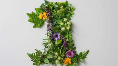 Stunning arrangement displaying the letter I crafted from assorted greenery and colorful flowers, perfect for nature lovers and floral enthusiasts.の素材