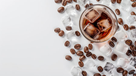A delightful cold coffee drink served over ice, surrounded by scattered coffee beans, ideal for summer settings or promoting refreshing beverages.の素材