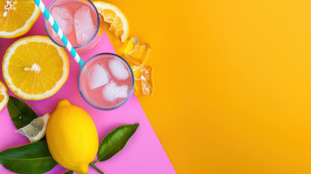 A vibrant scene featuring refreshing pink lemonade in glasses with ice cubes, adorned with citrus slices on a bright background. Perfect for summer vibes.の素材