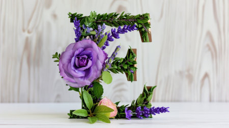 This stunning floral arrangement features a letter 'E' adorned with vibrant purple roses and lavender, perfect for celebrations or unique decor.の素材
