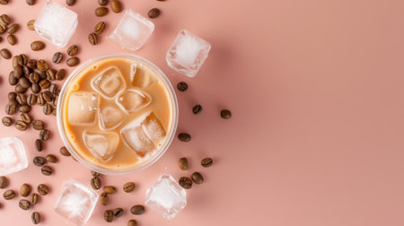 A mouthwatering iced coffee topped with ice cubes and surrounded by coffee beans. This vibrant and refreshing drink embodies summer essence, perfect for cafes or home settings.の素材