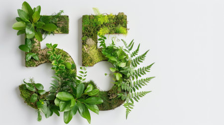 This artistic representation of the number 55 features lush green plants and vibrant ferns, perfect for nature-themed decor or eco-friendly designs.の素材