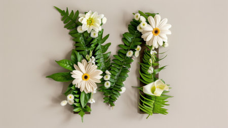 This artistic arrangement features the letter M crafted from lush greenery and delicate white flowers, perfect for decor or personalized gifts.の素材