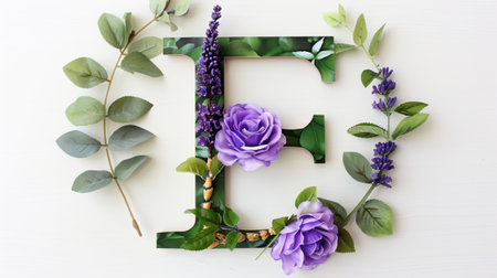 A beautiful floral arrangement featuring the letter E embellished with vibrant purple roses and greenery, perfect for decor and artistic projects.の素材
