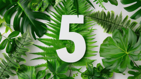 This image features a bold number five surrounded by an array of lush green leaves, creating a vibrant and fresh atmosphere suitable for design and decoration.の素材