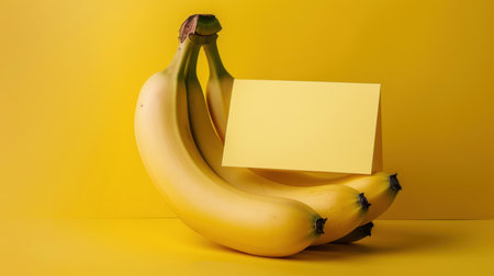 A vibrant arrangement featuring fresh bananas alongside a blank yellow card, perfect for creative projects. Great for marketing and healthy lifestyle themes.の素材