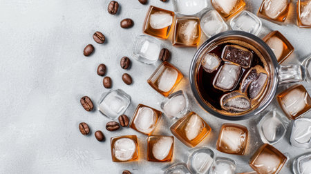 A captivating image of cold brew coffee served in a glass with ice cubes and scattered coffee beans on a light gray backdrop, showcasing summer refreshment.の素材