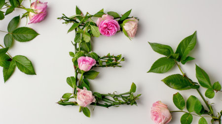 This stunning floral letter arrangement features delicate pink roses entwined with lush green leaves, creating an elegant composition perfect for various creative projects.の素材