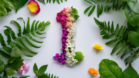 A stunning floral design featuring the number one made of colorful blossoms, surrounded by lush greenery and delicate petals, perfect for celebrations.の素材