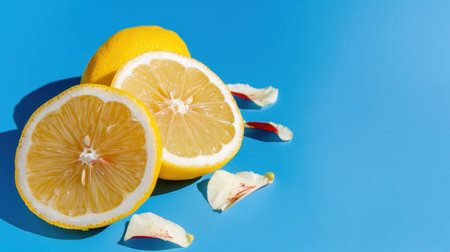 This vibrant image showcases fresh lemon slices alongside delicate petals on a bright blue background, ideal for crafting refreshing beverage concepts and culinary arts.の素材