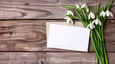 A stunning arrangement featuring fresh snowdrop flowers next to a blank greeting card on a rustic wooden table, perfect for spring-themed designs.の素材